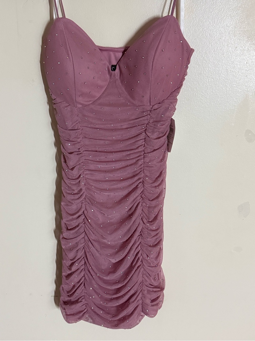 Windsor Dusty Rose Ruched Mini Dress with Crystal Accents